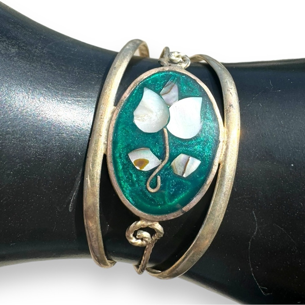Vintage Mexico Abalone Mother of Pearl Silver Cuff Bracelet